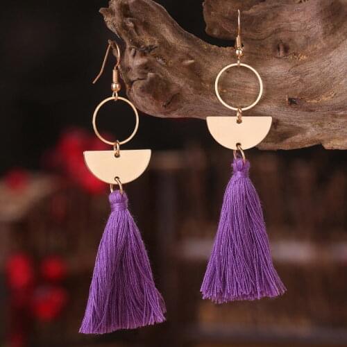 Geometric Metal Circle Semicircle Brass Sheet Long Cotton Tassel Dangle Earrings for Women New Trendy Boho Jewelry Wholesale