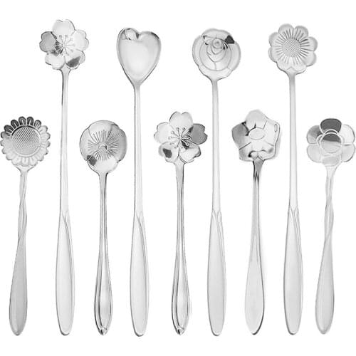 Flower Spoon Coffee Teaspoon Set, Stainless Steel Teaspoon, 2 Dessert Spoons of Different Lengths,9 Pieces