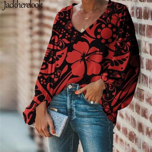 Jackherelook Red Polynesain Tribal Samoa Floral Design Plus Size Chiffon Blouse Women Spring Autumn Tops Ladies Shirts Mujer