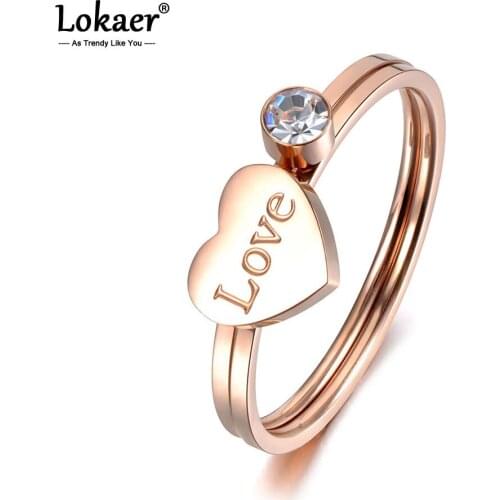 Lokaer Classic Design 2 In 1 Stainless Steel Love Heart Ring Rose Gold Micro CZ Crystal Anniversary Rings For Women Girls R19026