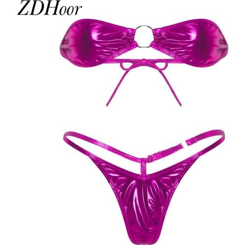 Women Exotic Lingerie Set Club Party Wear Shiny Metallic Micro Mini Bikini Set Strapless Mini Bra Top with Thong G-String Briefs