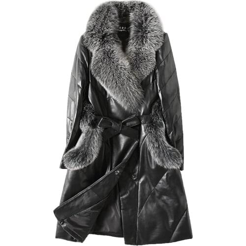 Genuine womens long winter sheepskin jacket, leather coat with fox fur collar, duck down jackets