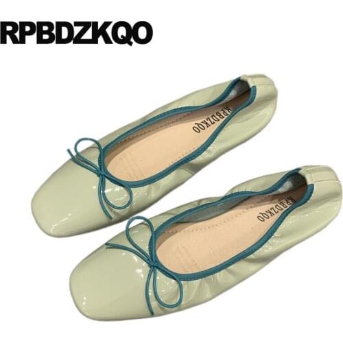 Square Toe Bow Cute Ballerina Green 2018 Designer Shoes Flats Candy Ladies Patent Leather Soft Ballet Women Japanese Bowtie