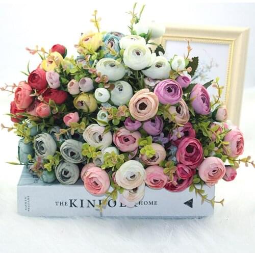 Hot selling 1pcs/5 fork simulation rose camellia home table setting wedding pearl bud flower decoration fake flower bouquet