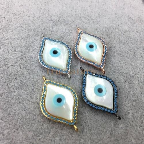 Micro Inserts Turquoisea Evil Eye Connector Metal Electroplated Double Bail Pendant For Necklace In 26x15 mm PC5245