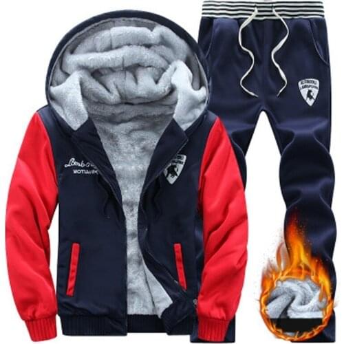 Mens Winter Warm Tracksuits Patchwork Zipper Hoodies Jogger Set Velvet Thick Regular Black Suit Hot Sale M-4XL