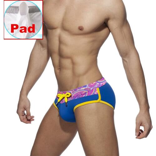 Gay Mens Swimwear Sexy Contour Pouch Bikini Print Swimming Briefs Pad Swimsuits Board Surfing Trunks Beach Shorts Bathing Suit