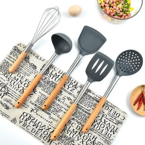 Stainless Steel Kitchen Utensil Silicone Portable Non-stick Egg Whisk Soup Spoon Cooking Turner Wooden Handle Kitchen Tools