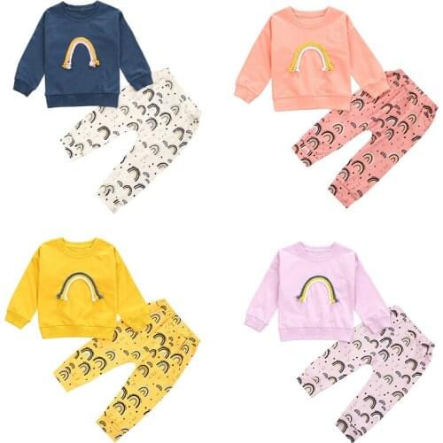 0-3Y Baby Girl Boys Fall Clothes Casual Autumn Spring Long Sleeve Rainbow Pullover Top and Printed Pants 2Pcs Outfits Baby Set