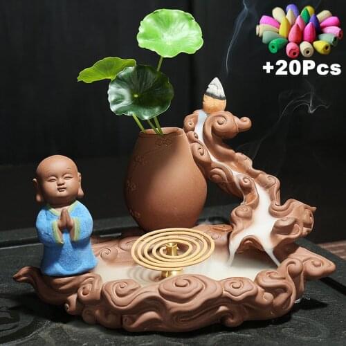 Gift 20Cones Creative Zen Monk Ceramic Incense Censer Backflow Incense Burner Incense Coil Holder