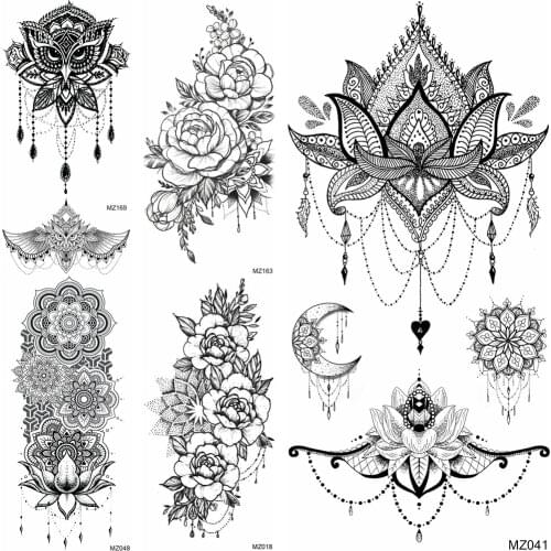 Fake Jewelry Temporary Tattoos Sticker Black Henna Mandala Flower Tattoos For Women Beautiful Body Art Chest Arm Legs Tattoos