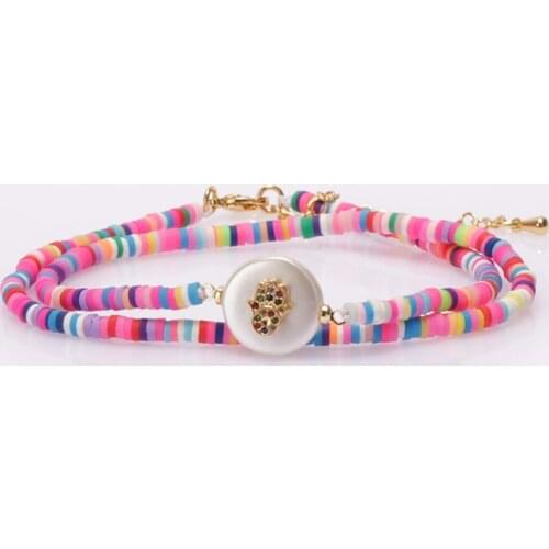 Rainbow clay silicone plastic beaded pearl mix cz paved gold Fatimas Hand protection charm layers bracelets for woman girl