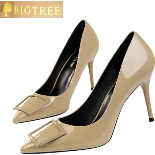 BIGTREE fashion women pumps Career OL 9CM Thin High heels Patent leather Shallow mouth Pointed Four-way buckle Womens shoes