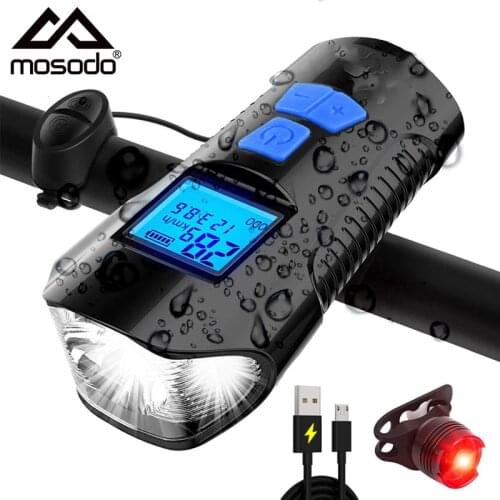 Mosodo Bicycle Front Light Rechargeable USB Bike Flashlight Waterproof MTB Lamp Cycling LED Headlight Speedometer with Horn Bell