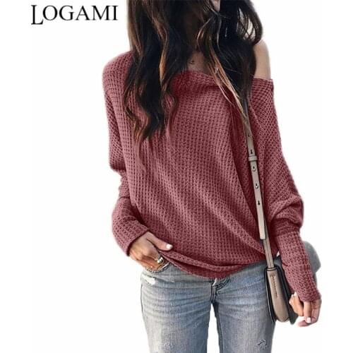 LOGAMI One Shoulder Sleeve Loose Women Sweaters And Pullovers Spring Autumn Knit Pullover Casual Tops