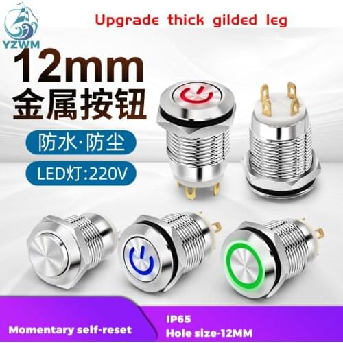 YZWM 12mm Reset Metal Button Start Stop Switch Small Round Power Switch with Light 220V Restart Switch