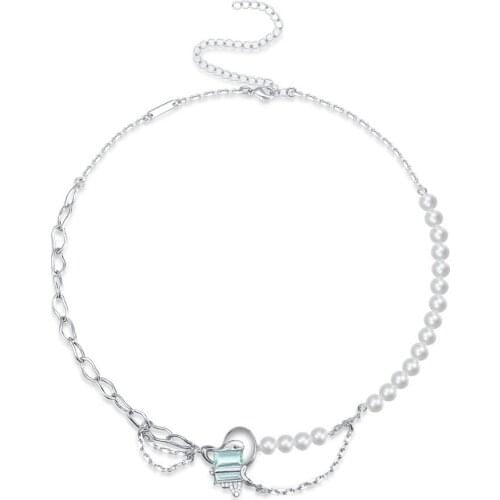 Pearl necklace clavicle necklace blue pendant mosaic necklace