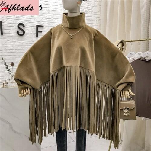 2021 Autumn And Winter Women Fashion Streetwear Jackets Batwing Sleeve Cashmere Tassel Patchwork Women Cloak Coat Outerwear