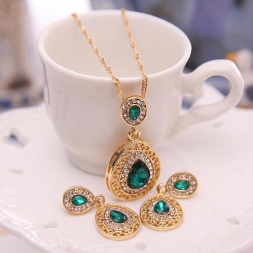 Women Fashion Luxury Waterdrop Green Rhinestone Pendant Necklace Earrings Jewelry Set