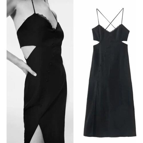 Za 2021 Black Cut Out Dress Woman Lace Slip Summer Long Dress Women Backless Midi Party Dresses Slit Sexy Dresses