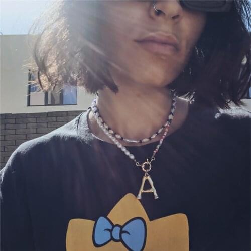 Cosysail Bohemian Pearl Beaded Choker Necklace for Female Girl Bamboo Initial Letter Pendant Necklace Alphabet Collares Jewelry