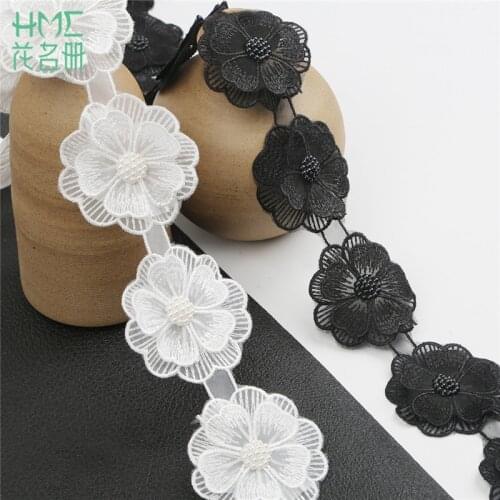 1Yards White/Black Pearl Flower Handmade Beaded Embroidered Lace Edge Trim Ribbon Double Layered Applique Dress DIY Sewing Craft