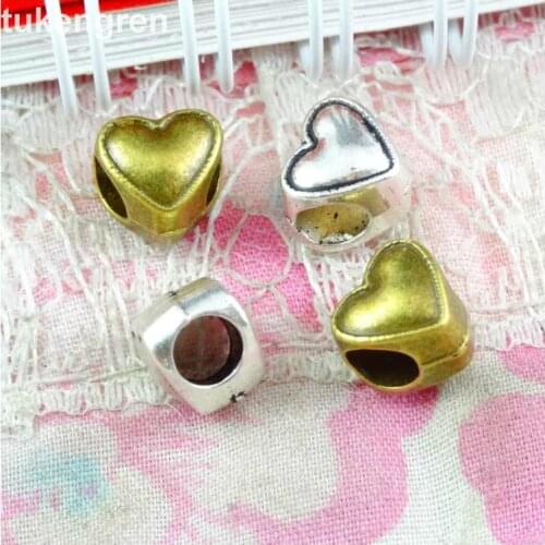 100pcs/lot Heart Shape Large Hole Alloy Beads Antique Silver Plated/Bronze Handmade Spacer Beads DIY Women Charm Jewelry Making