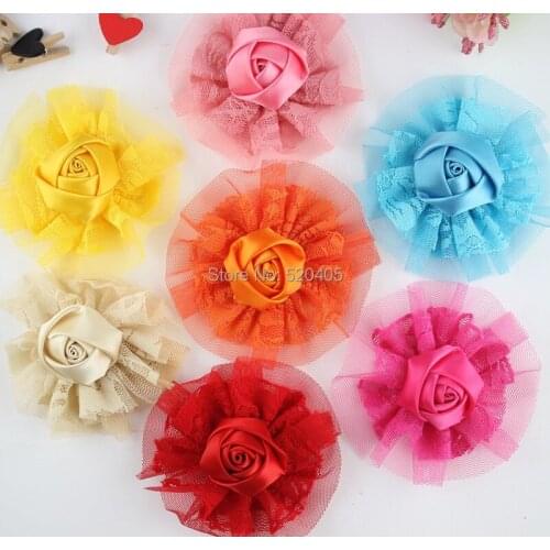 Large Vintage Lace Flower with satin rose Lace mesh Hair Flowers for kid Headband hair band 50PCS wig accessories