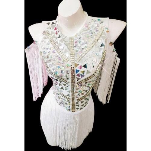White Tassels Rhinestones Mirrors Bodysuit Sleeveless Tights Bar Nightclub DJ Singer Dancer Pole Dancing Jazz Leotard Costume