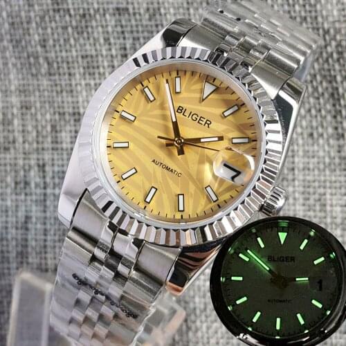 BLIGER Fluted Bezel Date Adjust NH35A 36MM/39MM Automatic Men Watch Jubilee Band GreenLuminous Index Sapphrie Crystal Magnifier