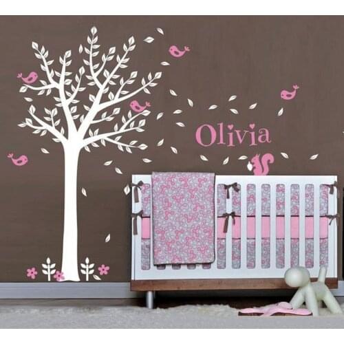 Big Tree and Birds Cute Squirrels Vinyl Wall Decals Customize Name Baby Nursery Wall DecalWall Stickers KW-110
