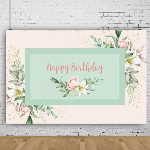 Cherry Pink Flowers Printing Happy Birthday Backdrop Holiday Party Room Decor Photo Booth Studio Prop