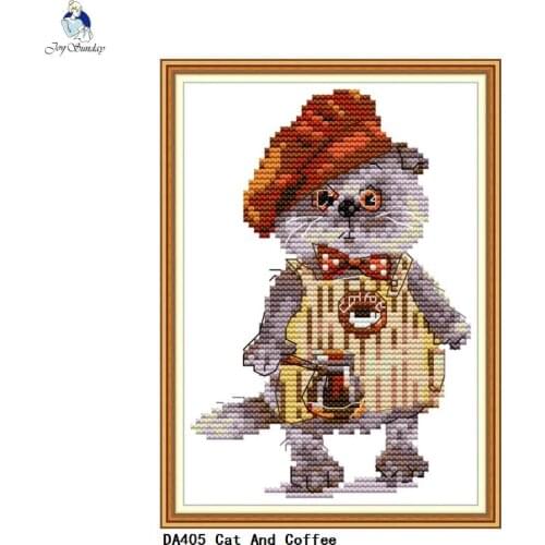 Cat And Coffee Painting Pattern Counted Printed on Canvas DMC 11CT 14CT Chinese Cross Stitch kit Needlework Embroidery Set
