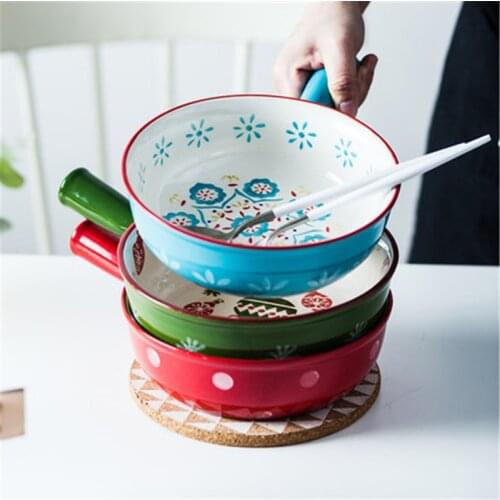 KINGLANG Ceramic Creative Baking Bowl with Handle Rice Cheese Baking Breakfast Bowl and Plate