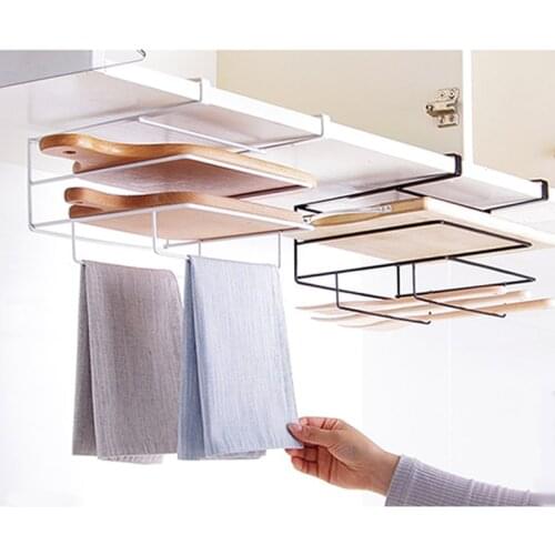 Kitchen Double Layer Towel Rack Hanging Holder Cabinets Shelf Chopping Board Storage Rack Hanger Shelf Dropship