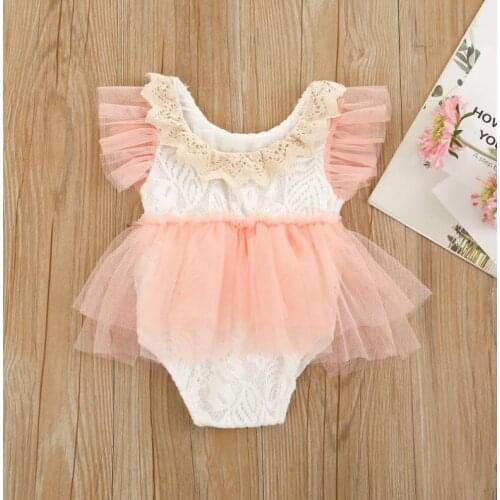 Summer Baby Romper Girls Lace Stitching Round Neck Fly Sleeve Bodysuit Playsuits Baby Girls Clothes 0-24 Months
