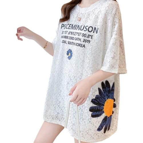 Summer High Quality New Arrival Casual Print Letter Blue Chrysanthemum Women T Shirt Lace Hollow Sexy One Size Tees Tops Female