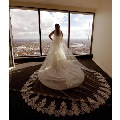 Best Selling 3M Long Wedding Veils Two Layers Lace Appliqued Cathedral Length Bridal Veils with Comb Custom Made Veu De Noiva