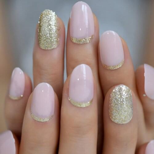 Fashionable Baby Pink Wearable French False Nails Press on Short Oval Head Lady Full Cover Finished Gold Glitter Fake Fingernail