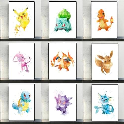 Cartoon Anime Pokemon Pikachu Watercolor Canvas Painting Pokemon Posters and Prints Childrens Room Home Wall Decor Kids Gifts