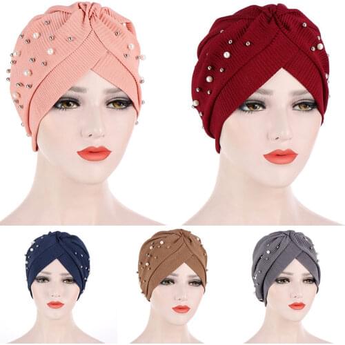 New Muslim Women Pearl Beading Elastic Turban Hat Cancer Cap Head Wrap cotton twist Chemo Cap Beanie Hijab Caps Headwear