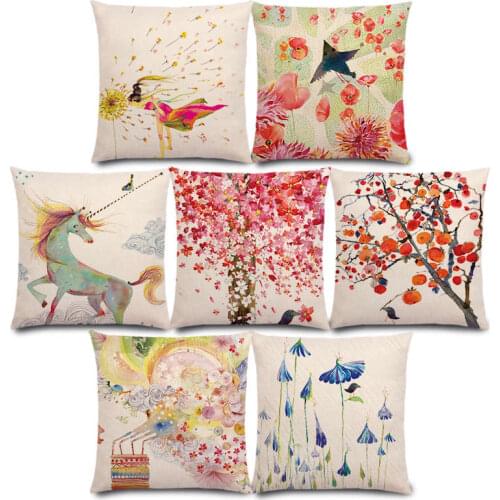 New Fresh Style Watercolor Cartoon Bird Beautiful Tree Leaf Flowers Unicorn Fairy Tale Cushion Cover Sofa Throw Pillow Case