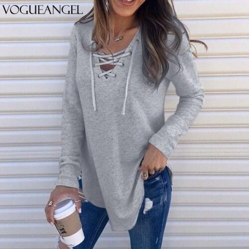 Solid Color Lace-Up Women Casual Tops Sexy V-Neck Long Sleeve Tshirts Autumn Female Loose Tops 6 Colors Tops Blusas