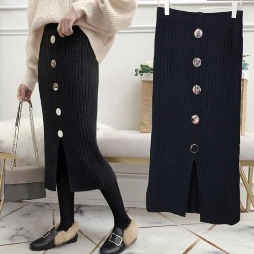 2019 Autumn Winter High Waist Knitted Skirt Women Split Elegant Midi Pencil Skirt Casual Warm Female Rib Skirts With Button 1579