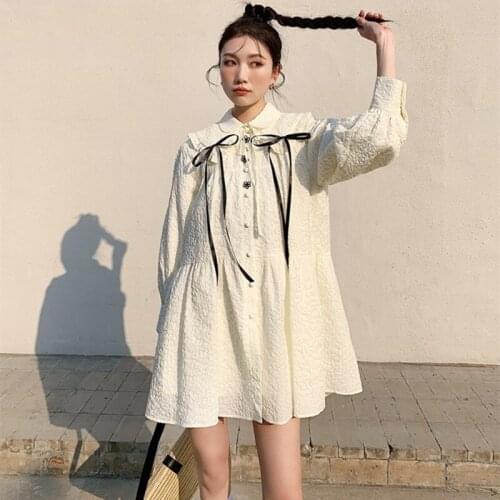 French Fashion and Elegant Bow Doll Collar Loose Cute Kawaii Doll Collar Bow Single-breasted Mini Party Dress