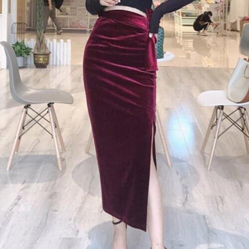 Plus size 4XL!Women Fashion Lace up Midi Skirt high waist Split Velvet lace up Slim Skirts