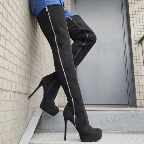 BERZIMER Women Thigh High Platform Boots Full Zip Up Stiletto High Heels Boots Over Knee Crossdress Woman Plus Size 39 41 44 52