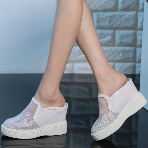 Rhinestones Shoes Women Genuine Leather Wedges High Heel Gladiator Sandals Female Round Toe Platform Pumps Shoes Casual Shoes