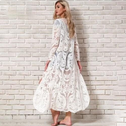 Bohemian White Beach Cover-Up Swimwear Sarong Embroidery Lace Kimono Sexy Transparent Long Cardigan Saida de Praia