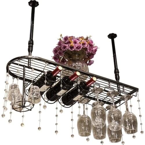 Vintage Bronzed Black Iron Metal Casting Ceiling Hang Upside Down Wine Goblet Holders Tall Glasses Bottle Storage Bar Pub Racks